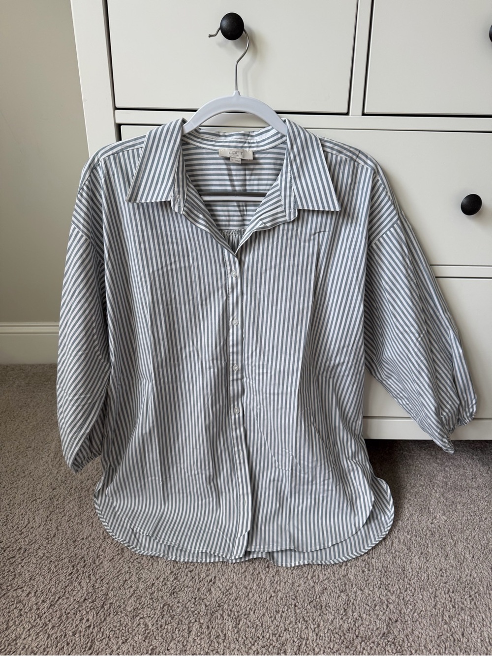 LOFT Gray and White Striped Women's Button-Down Shirt
